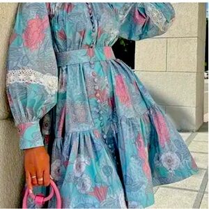 Floral Print Dress, Front Button, Long Sleeve